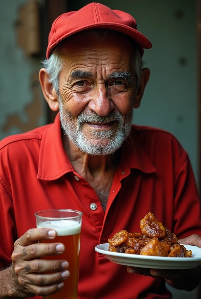 An old man with the face of Lula in a red shirt and red cap holding a piece of picanha and drinking beer