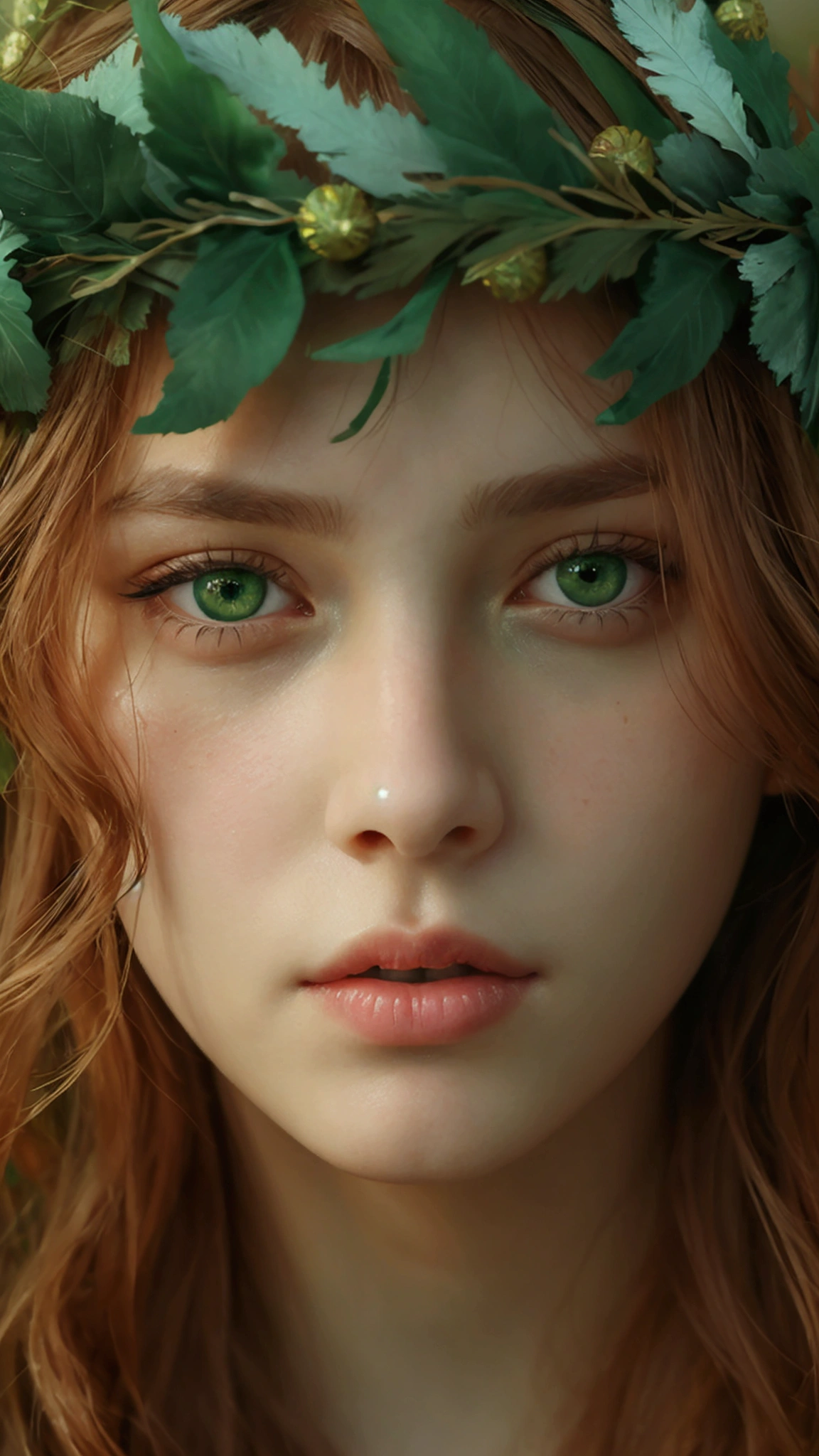 face portrait. a girl. european. extremely detailed face. oval face. delicate features. half-closed eyes. soft eyes. sad expression. seductive eyes. green eyes. long messy hairstyle. green hair. wreath on head. front view