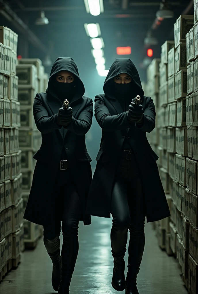 scarlett johansson et natalie portman qui fait on braquage dans conffo renplirr de bauecou argent avec elle porte une cagoule et elle porte des gants en cuir et elle porte des bottes en cuir et duex pistolet 