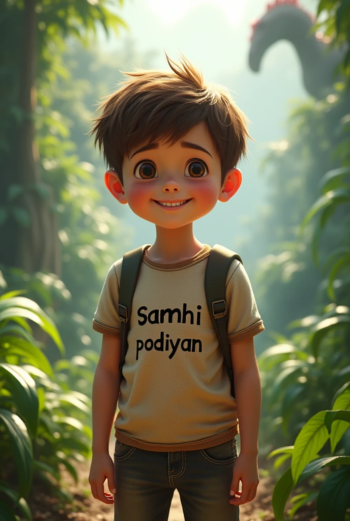Beautiful boy in Jurassic park that's boy's name in t-shirt with text "Samhi podiyan😂"