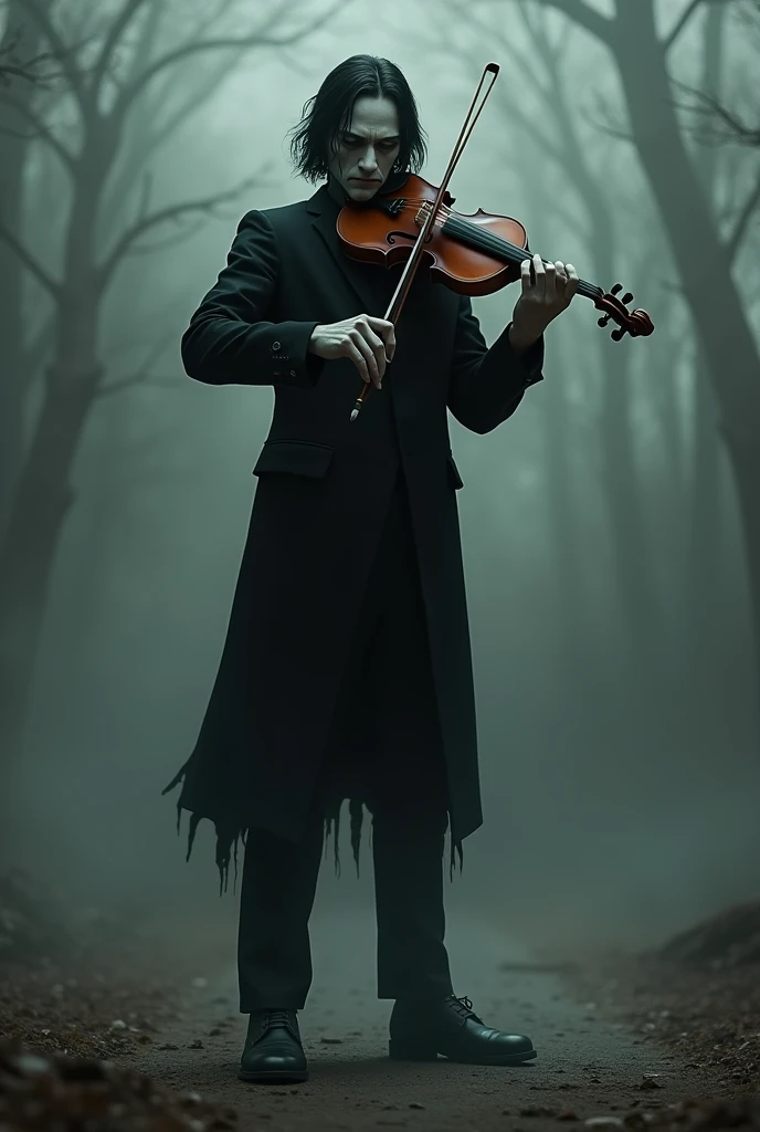 A scary-looking man with shoulder-length hair playing a violin. Standing on the ground, wearing a black suit and black pants. Wear black leather shoes