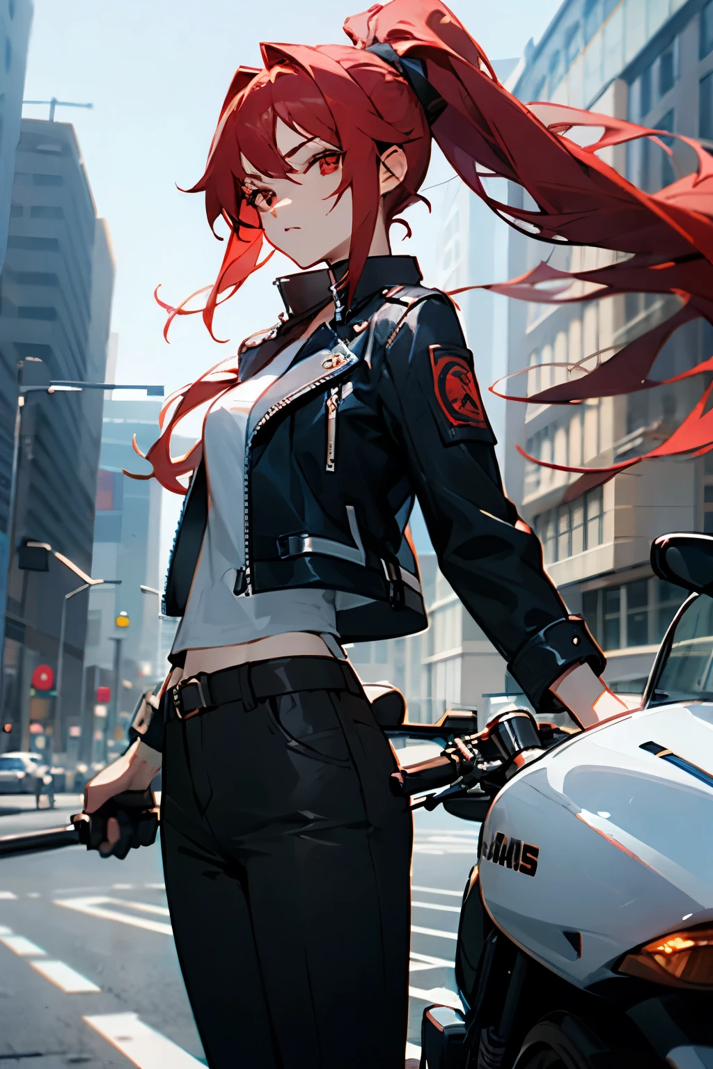 (masterpiece), best quality, BREAK, expressive eyes, (perfect face), 1girl, BREAK,( very long hair, red hair, ponytail), BREAK, (red eyes, agressive eyes, detailed eyes), BREAK, (unpleasant facial expression), BREAK, (very tall height), (skinny build), BREAK, (leather motocycle jacket), BREAK, (black pants), BREAK, (black vans), BREAK, (downtown), BREAK, (standing), (looking at viewer), (view from front)