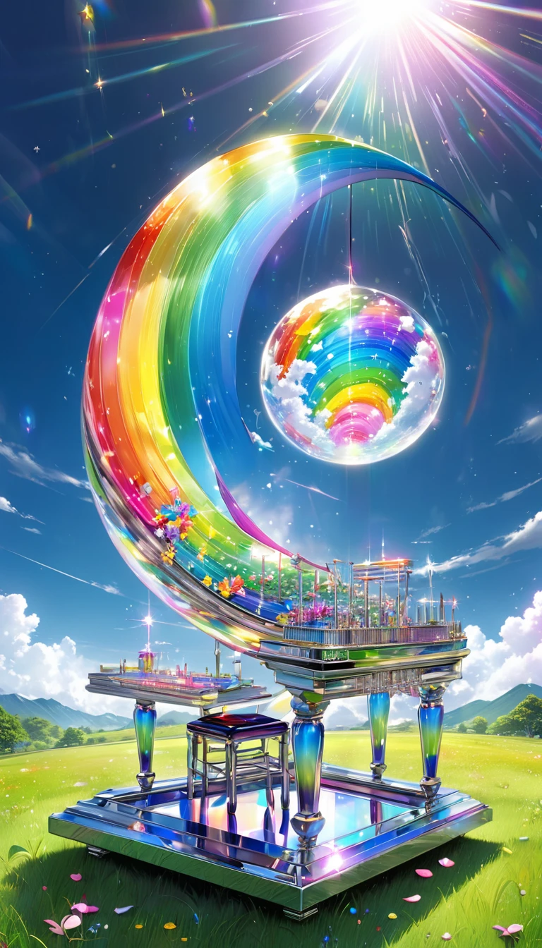 With the moon and stars shining in the sky、Rainbow Piano、Highest quality, Super Fine, 16K, Incredibly absurd, Very detailed, delicate and dynamic, A mysterious, gigantic artistic structure made of chrome-plated framework and glass, After the Rain, Sunlight shines through the gaps in the clouds, The glass reflects the colors of the rainbow、The analyzer is displayed, Many rainbow-colored petals fall, The grass is covered with mist, wonderful画像効果を生み出す,16K, Ultra-high resolution, Ultra-high resolution, to be born,wonderful ,future、Iridescent、The world 30 years from now。