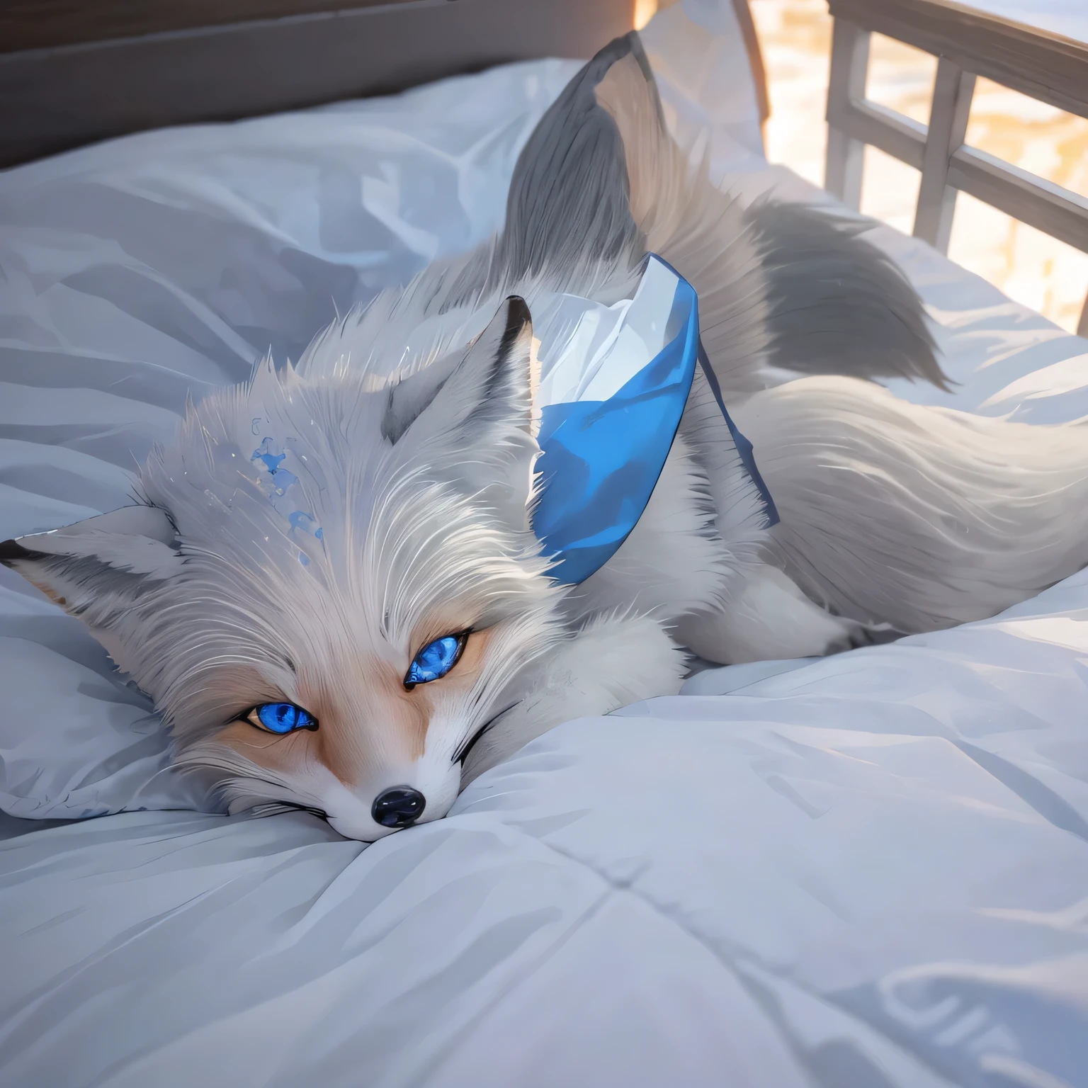 full body, (Highest quality), Highly detailed profile, One Fox，Perfect Face,(Gray Hair:1.3)，(blue eyes:1.3),, Baggy kimono, Sleeping in bed,