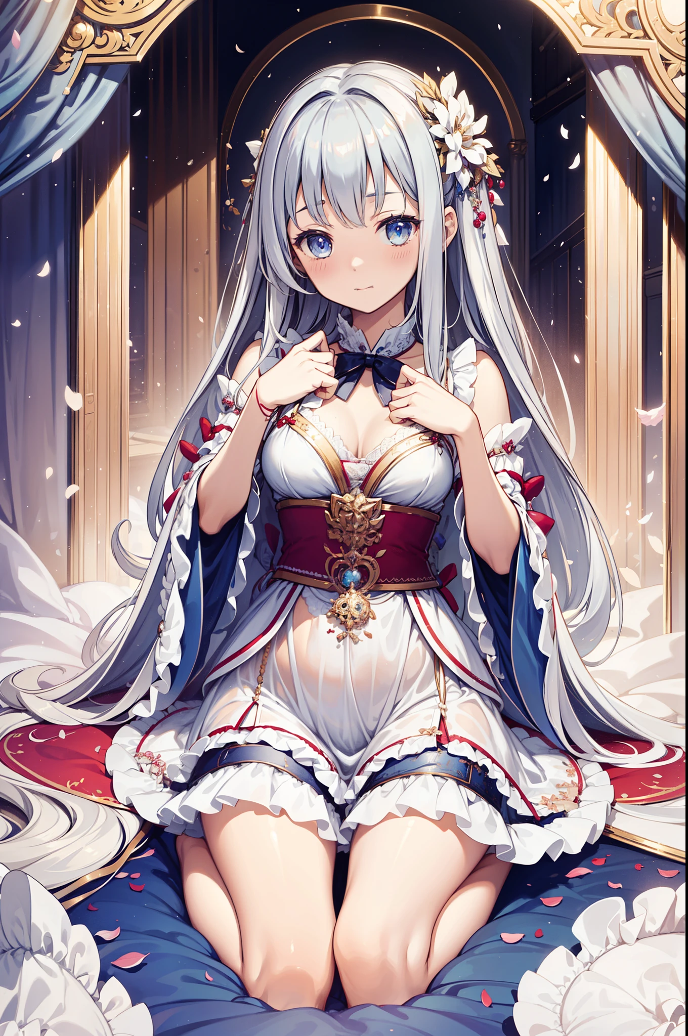 Alone,night,In the room,An expression of anticipation,Cute girl,Transparent Pajamas,Transparent sleeves,Obsessed,Petal edges,Light,Fluffy,Divine decoration,Sacred Theme,Lace,Ruffles,Extremely detailed CG 8k wallpaper,Best quality,masterpiece,high resolution,Delicate and beautiful face,Exquisite clothes