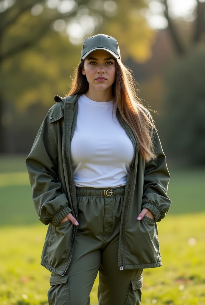 A 20 year old thick busty colossal breasts woman wearing a t shirt, cargo pants, oversized jacket, baseball cap at a park
