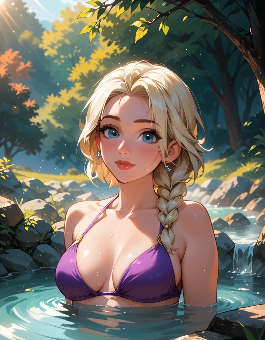 score_9, score_8_up, score_7_up, score_6_up, cinematic film still, 1girl, mature elsa (blonde hair, braid:1.1), (cute purple bikini:1.3), relaxing in hot spring, sweaty, (cinematic lighting:1.2),, shallow depth of field, vignette, highly detailed, high budget, bokeh, cinemascope, moody, epic, gorgeous, film grain, grainy, close-up.