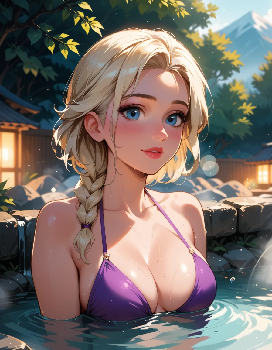 score_9, score_8_up, score_7_up, score_6_up, cinematic film still, 1girl, mature elsa (blonde hair, braid:1.1), (cute purple bikini:1.3), relaxing in hot spring, sweaty, (cinematic lighting:1.2),, shallow depth of field, vignette, highly detailed, high budget, bokeh, cinemascope, moody, epic, gorgeous, film grain, grainy, close-up.