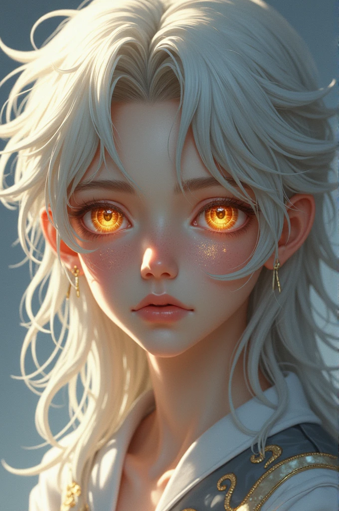 A beautiful boy with golden eyes that have a faint starburst pattern and a waist length long silvery white hair. A beauty mark under his left eye.