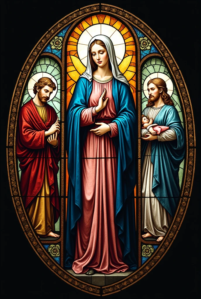 Create a circle in which within that circle there are 5 different stained glass images.. 1 images Isabel and Maria, 2 images of Mary being visited by the angel, 3 Mary and her son Jesus, 4 image, Mary and Saint Joseph, and 5 Image of the Assumption of Our Lady.