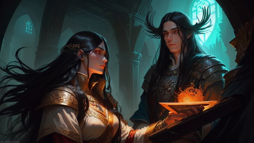 a close up of a tall, athletic man, with long black hair that falls over her shoulders. His eyes are a deep red, like embers, a trace of his curse. Your skin has a slightly pale tone, with visible scars on his arms and torso, memories of past battles, perfil, d & d fantasy digital art, epic Arte de RPG, high quality dnd illustration, d&trends at artstation, d wallpaper&arte d, d & d fantasia pintura digital, d & of fantasy art, Arte de RPG, Arte de RPG, d&arte dwork