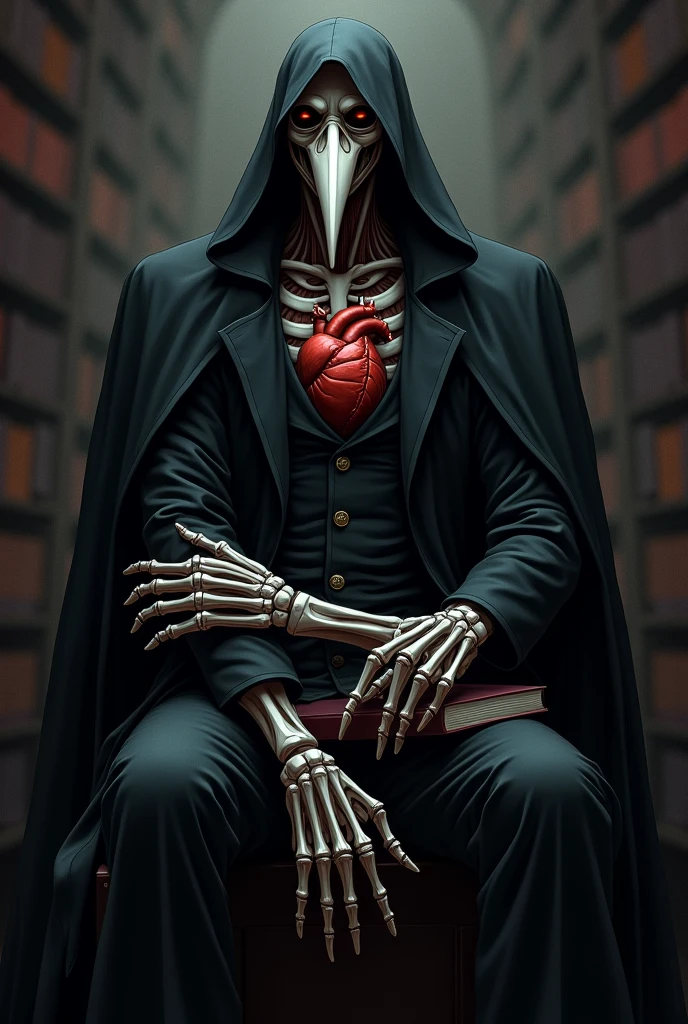 Create a vertical anime style image, highly detailed, from an imposing doctor. The doctor is dressed in an old-fashioned black outfit, similar to that of a plague doctor, with a long black cape and a beak-shaped mask. The doctor's body incorporates anatomical elements, but only on the hands or parts of the torso, like skeletal arms with visible muscles and nerves. The background is dark and ominous, resembling an intimidating consulting room or a library, without the presence of skeletal or muscular elements. The doctor is in an elegant pose, whether sitting or standing, holding a beautifully crafted book or a human heart, adding a creepy and authoritarian touch that is somewhat more realistic and dark
