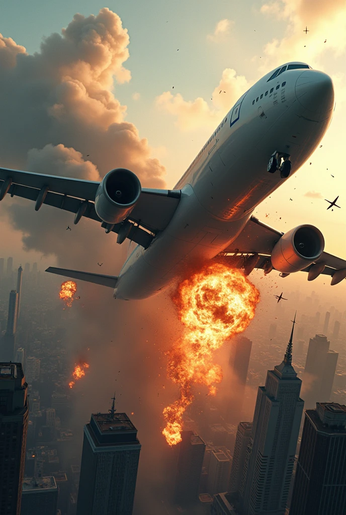 A plane falling from the sky into a city