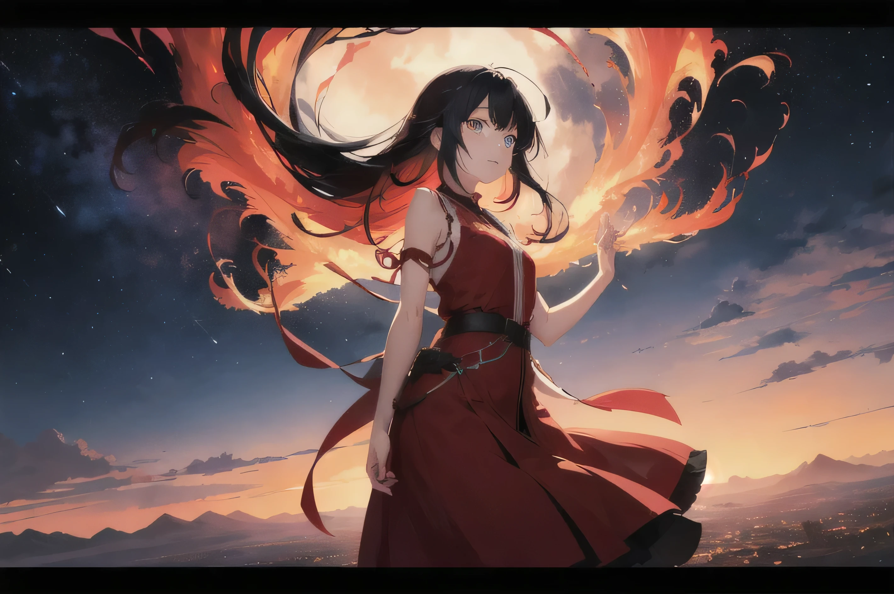 The background is a beautiful red world of flames、Blue eyes black hair anime girl、Bright Sky, Gazing at the vast world, Crimson Flame、Beautiful flames dance around the girl、Beautiful world、front、star々The brilliance、Distant Horizon, cloud, High Hill, Natural Beauty