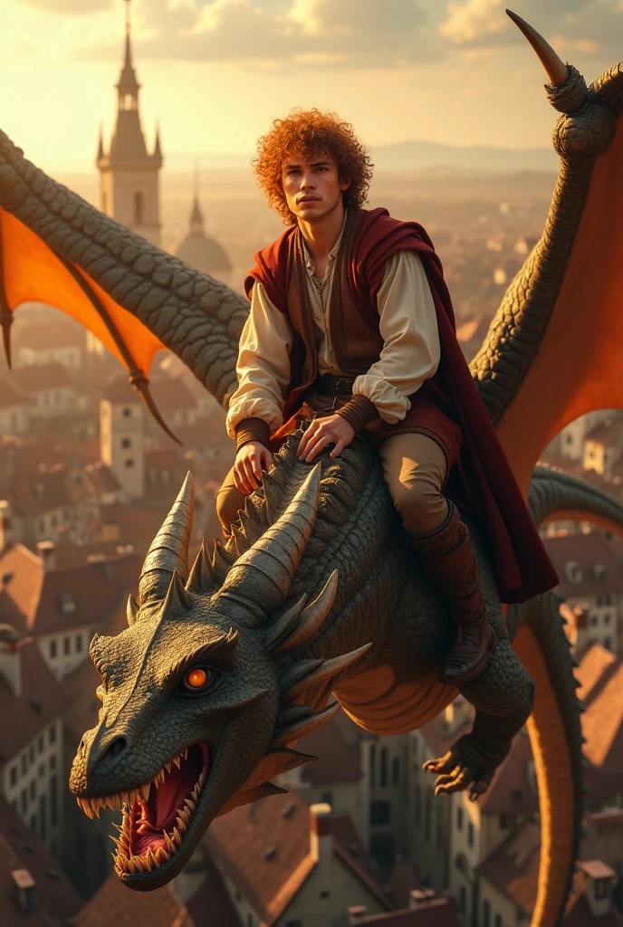 (photorealism:1.2), handsome man, flying in a big dragon, wearing medieval clothes, medieval pants, mid-long curly orange hair, orange eyebrown, amber eyes, sunlighting, rooftops of a medieval Town at the background, euphoric pose, realistic, intricate details, warm colors, warm skin.