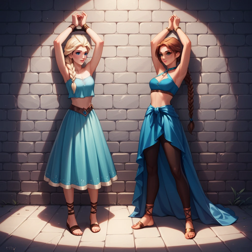 ((Full body photo, standing, feet on the ground)) score_9, score_8_up, score_7_up, score_6_up, 30 years old, 2girls, gladiator sandals, elsa (blonde hair, braids, leggings and crop top: 1.2) and anna (brown hair , braided braids, dress: 1.3), dimly lit dungeon, (tied, tied, hands above head, connected to rings in wall: 1.4), rope, red faces, (cinematic lighting: 1.4).
