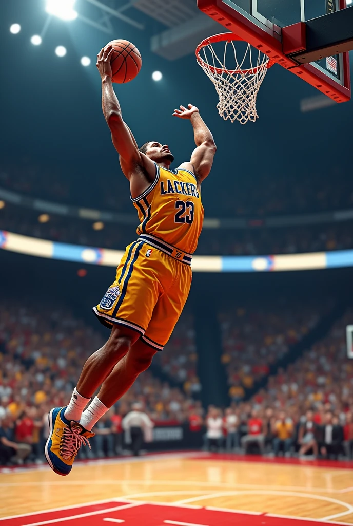A basketball player in the Lackers doing a dunk