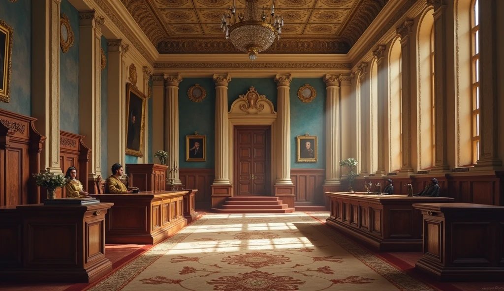 A painting with a law theme, with a Renaissance style including a luxurious legal court, using Monet's paintings as a base and leaving the ambiance of the image with light and soft tones

