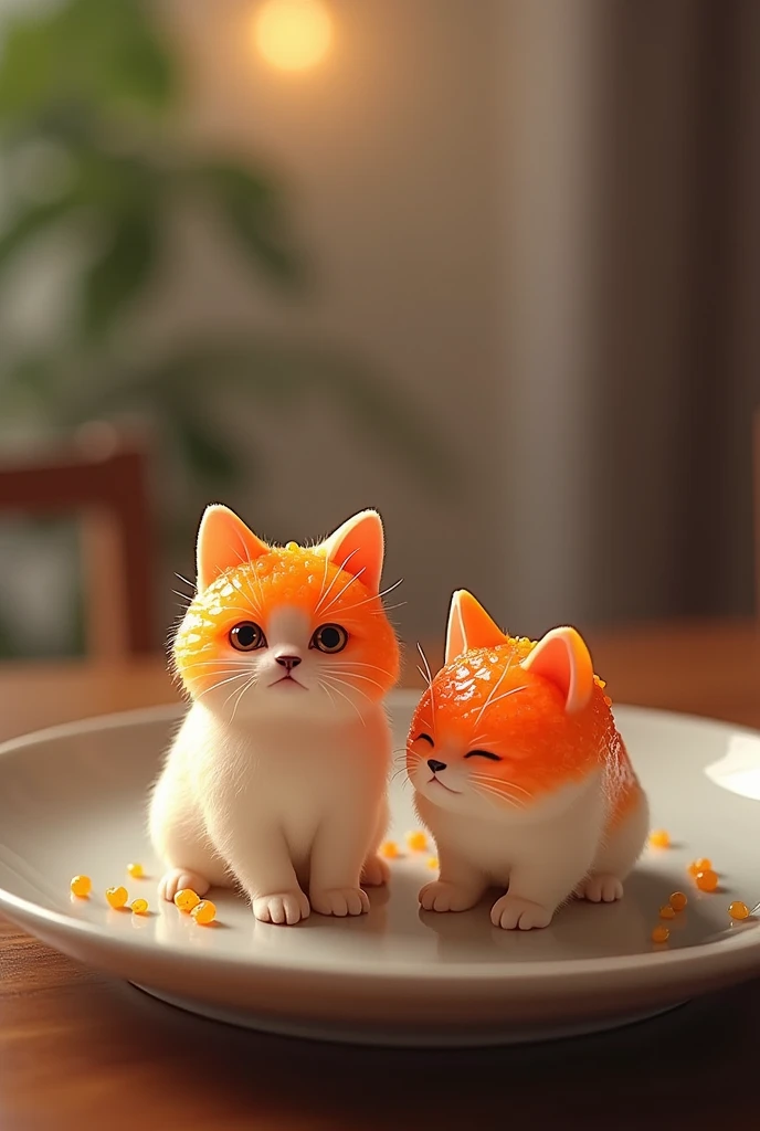 Two cats from The Battle Cats with salmon roe on their heads,It's on a plate,