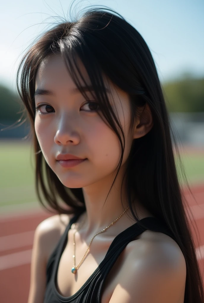 18 year old, girl, black hair, necklace thin and minimalist, looking sideways from camera, face Not visible by hair, in University bench, sports fields