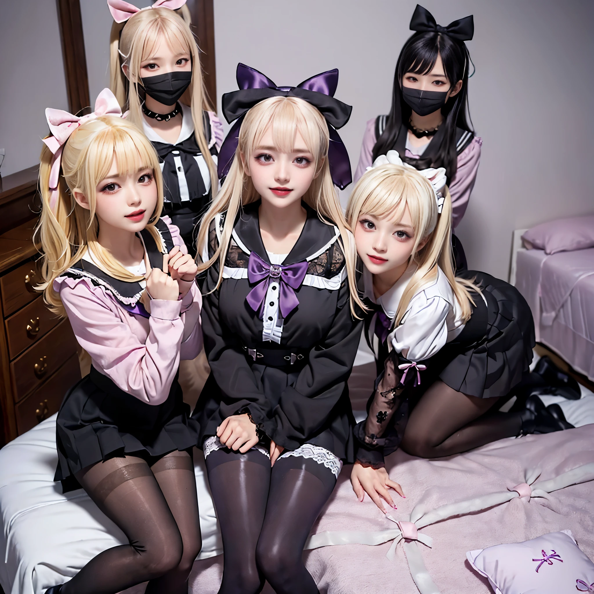 8K resolution, surreal, Super detailed, high quality, perfect anatomy, perfect proportion, 
((((((A group photo in bedroom at midnight, women only, violet pink lighting, luxurious bed, 4 girls, group photo)))))), 
(((((purple, black face mask, satin clothes, jirai fashion, black sailor collar, sailor uniform, Lace, black pleated skirt, black micro mini skirt, bow ribbon))))), 
((grin, happy, detailed face)), 
((((bleached hair))))+, (large breasts), posing, 
(((shiny detailed oiled skin))), 
(((black see-through tights))), looking at viewer