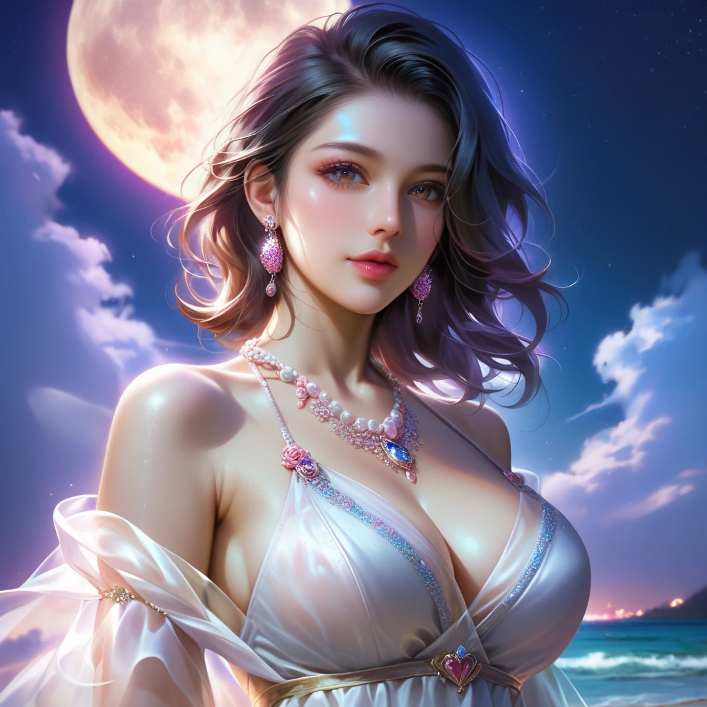 score_9, score_8_superior, score_7_superior, A masterpiece in 32K resolution,Highest quality,it is really amazing,Very detailed,Ultra-high resolution,Ultra-realistic,Realistic,Increased depth of field,Cinematic lighting,
Sexy mature Japan woman,
black straight medium hair,Ultra-detailed and beautiful face,Gentle expression,Translucent white skin,Realistic skin texture,
Elegant swimwear,
Elegant and luxurious design,Colorful color patterns,Beautifully detailed decoration,Detailed fabric texture,
Gorgeous necklace,Earrings,
Coastline at night,delay々A desolate sandy beach that continues,The huge moon illuminates the beach in a fantastic way,Dark clouds floating in the dark night sky,
Low - Angle,