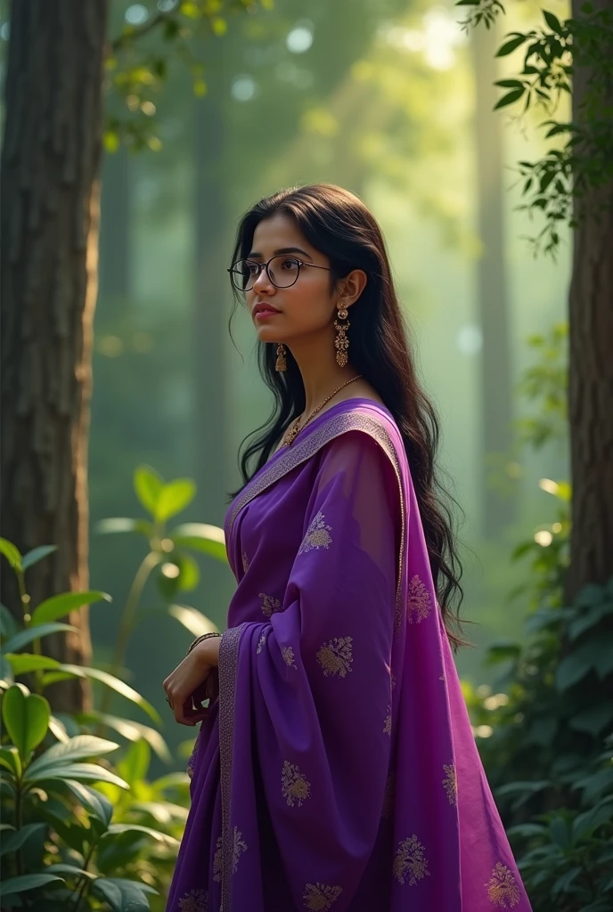 A   20 year Indian girl in purple saree wearing round spectacles.  forest  Taking side view .