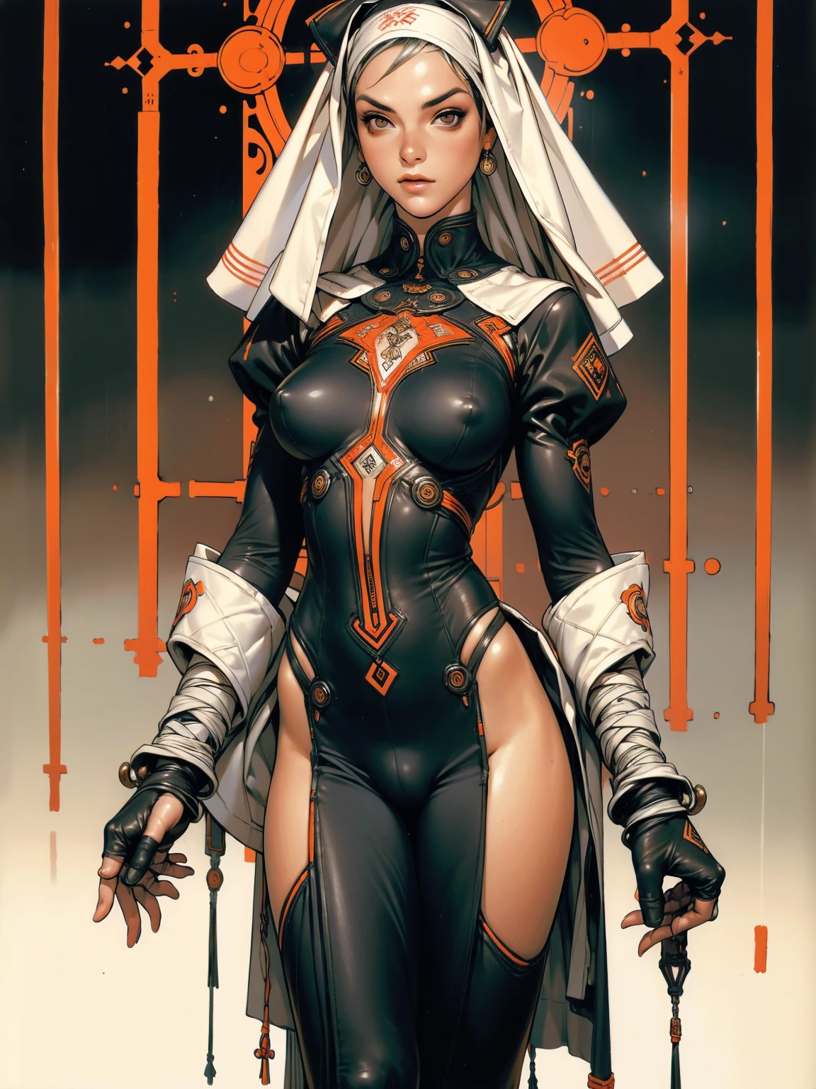 (((Annie Lennox))), ((( nun suit ))), (((Bandaged body))), ((high collar)), (((black with red details))), (((best qualityer: 1.4))), (Unbeatable masterpiece), (hiper HD),(CG 8k hyper-realistic), (((brave face))), (((breasts big))), (((hyper feminine))), sexly girl, Tron,（black bob hair)), ((( sculptural body ))), (((1 Kizi))), Kizi cibernética de 25 anos com perfectbody,,Beautiful and well-groomed face,muscular body:1.2,solid color detailed jacket, (Head to thigh photos)， Complex equipment, green dark，Long pants，Tight clothes are dark，With white stars and off-white stripes,,,,,Armor Metal Electronic Parts, Poison tattoos ) INFO, Kizi, (((standing alone))), pirralha violent, ((())), sexly, pose de atitude, work of art, post-apocalypse, (((manga style))), bounty hunter, violent, Manic, the way you want, slenderbody, thin but strong, perfectbody, roupa moderna, advanced technology, neon, sleeves with vertical striped pattern, neutral background, (( cowboy shot )). intricate visual