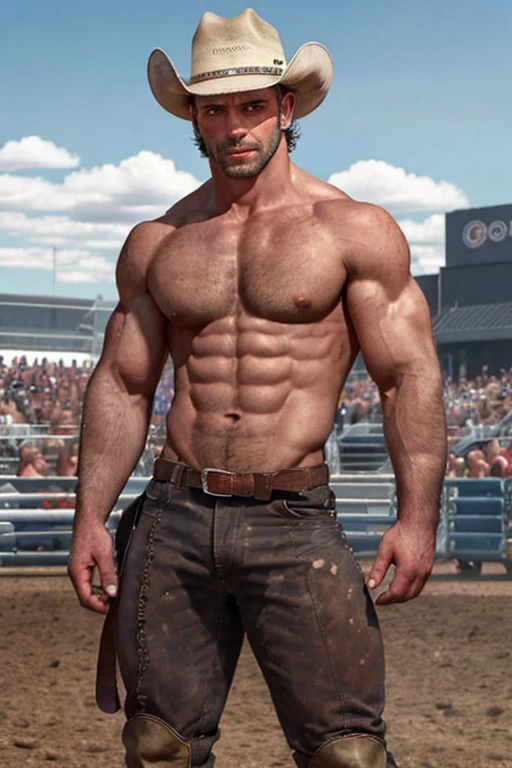 shirtless, cowboy hat, muscular cowboy, realistic, at the rodeo