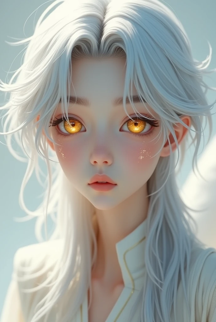 A beautiful boy with golden eyes that have a faint starburst pattern and a waist length long silvery white hair. A beauty mark under his left eye.