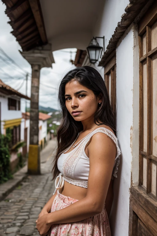 Woman of approximately 20 years old, colombian, Inspired by Angela Vicario from the novel "A Chronicle of a Death Foretold" stop in the middle of a town in Colombia