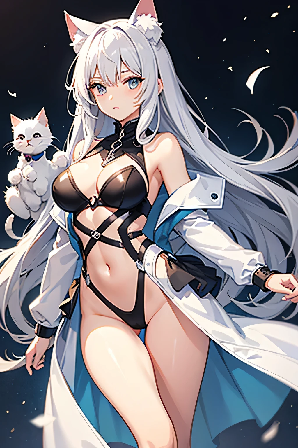 Girl, Cat Ear, Silver eyes, platinum hair, waist length hair, straight hair, half body. 