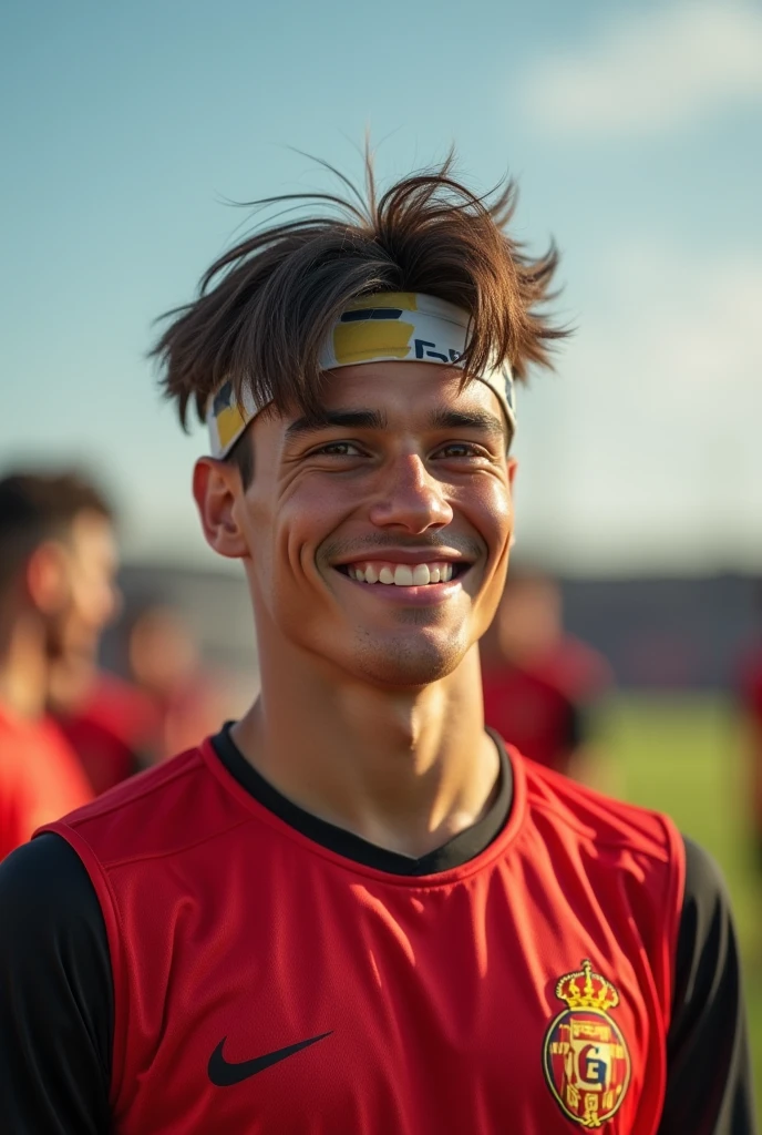 Create A football player with straight hair wearing a men&#39;s sports headband and a 17 year old tall white Spanish man with a happy face wearing a red training vest, in a background with a training field along with other players in the background 