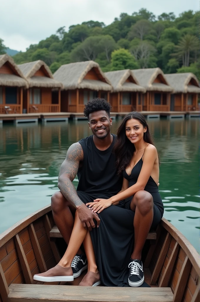 wide shoot photography A tall, handsome man with curly hair, dark skin, full tattoos on his arms, a black loose sleeveless t-shirt, shorts, sneakers, sitting on a wooden boat in the middle of a calm lake. with a beautiful woman wearing a black cocktail dress they smile at the camera in the distance there are several small wooden cabins with unique triangular thatched roofs and a traditional feel with a veranda that reflects in the calm water, surrounded by lush greenery and t