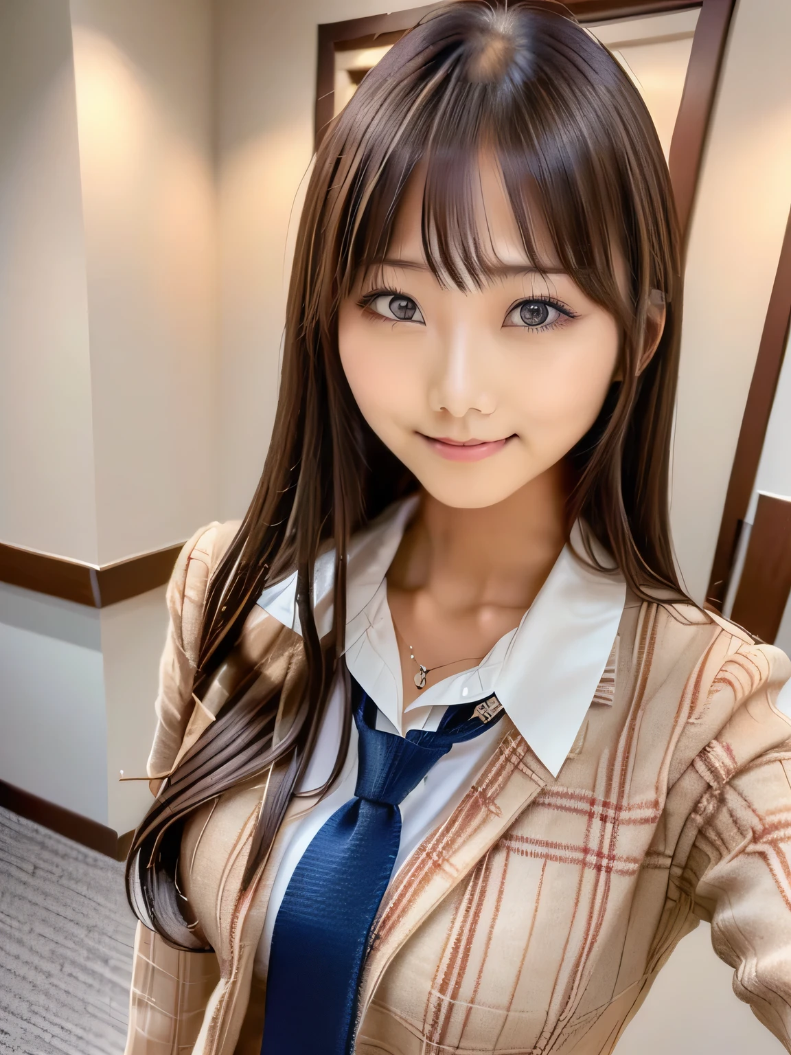 Close-up of a woman in a checked shirt and tie, With bangs, Face that faithfully reproduces the face of LoRA, High resolution, Very detailed, Natural Bangs, highest quality