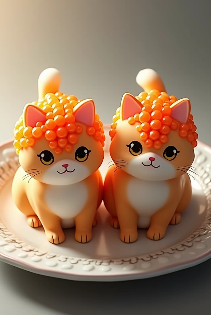 Two cats from The Battle Cats with lots of salmon roe on their heads,It's on a plate,