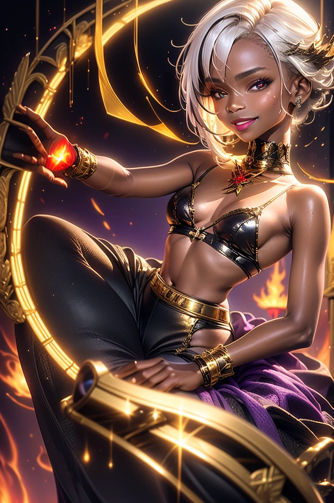 1 girl, Whole body, brown skin, short white hair, Plague mask with gold details, Black sexy magician outfits with gold details, mischievous smile, Red lips, a whip of purple magic in his hand