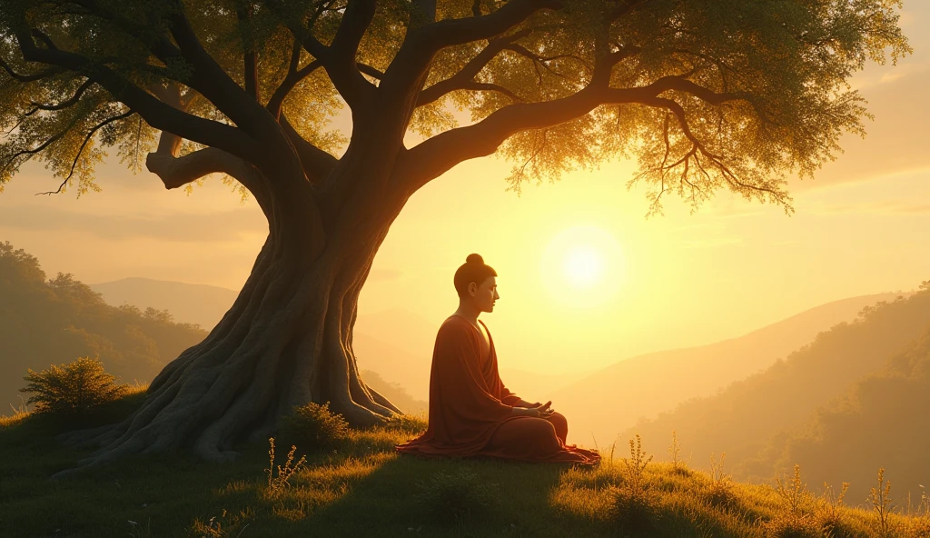 Describe Siddhartha’s meditation under the Bodhi tree, where he resolves to stay until he finds the truth.
Capture the moment of his enlightenment, where he discovers the Four Noble Truths and the path to end suffering, becoming the Buddha, “The Awakened One