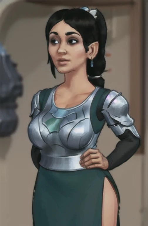 ((hesitant)), limited-palette, 16 bits, pixel art, best qualityer, work of art, dark heart, 1 girl, Bblack hair, braided ponytail, diadem, Leprechaun, pointy ears, armors, 3D rendering, realisitic, nblurry background, whole body