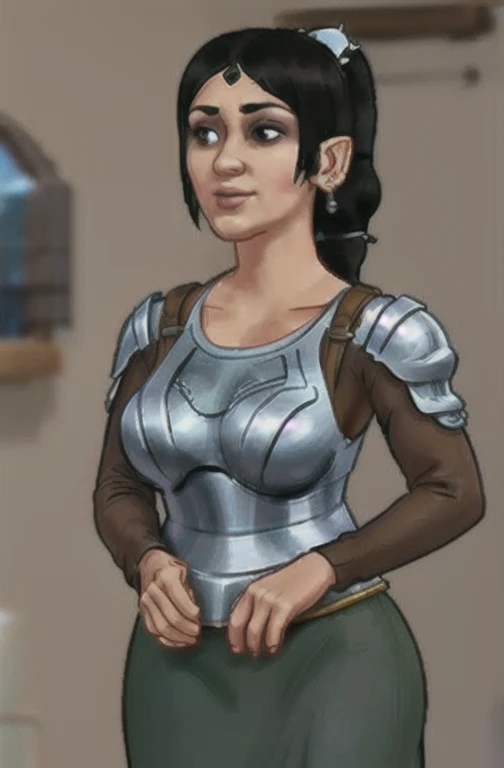 ((hesitant)), limited-palette, 16 bits, pixel art, best qualityer, work of art, dark heart, 1 girl, Bblack hair, braided ponytail, diadem, Leprechaun, pointy ears, armors, 3D rendering, realisitic, nblurry background, whole body
