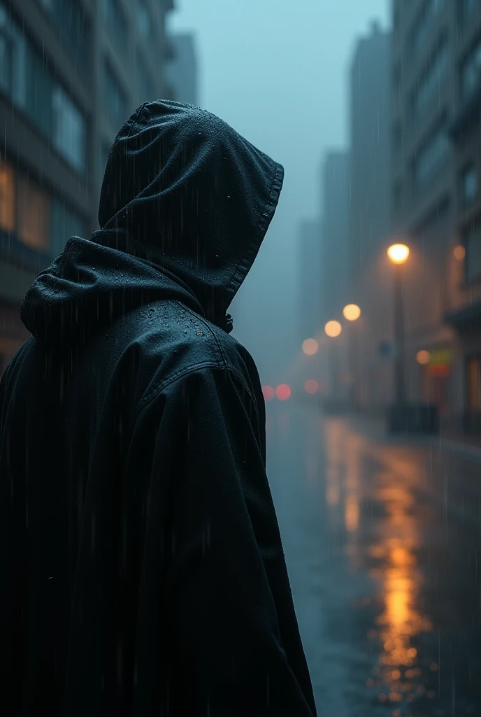 a man in a black hoodie alone in the rain