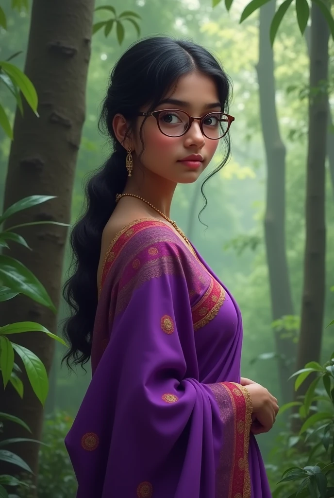 A Indian girl in purple saree wearing round spectacles. forest Taking side view .