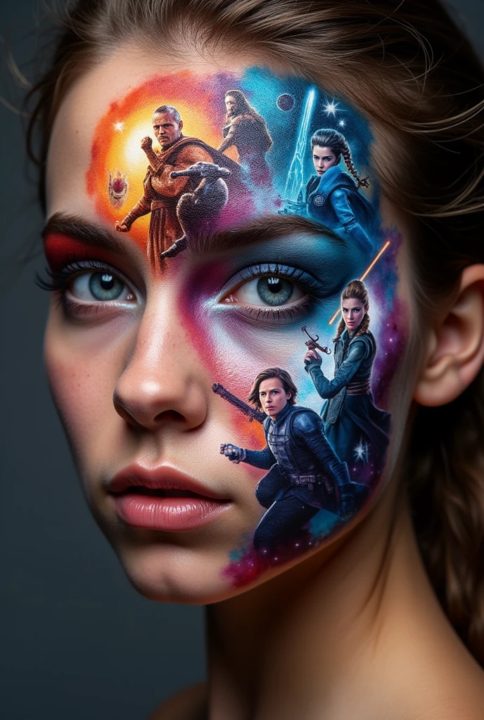Create a disney themed painting covering the iconic characters from the cinematic universe on a face ( cover the entire face)
