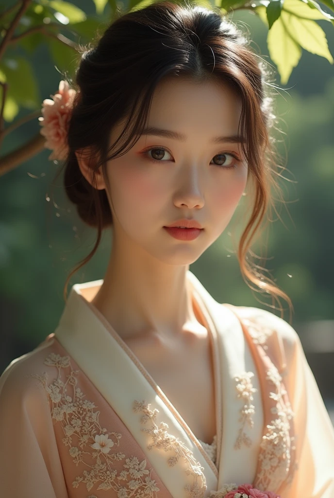 An elegantly dressed Japanese woman in natural light、A close-up of her chest and calm expression.、It shows her inner peace and outer charm.。