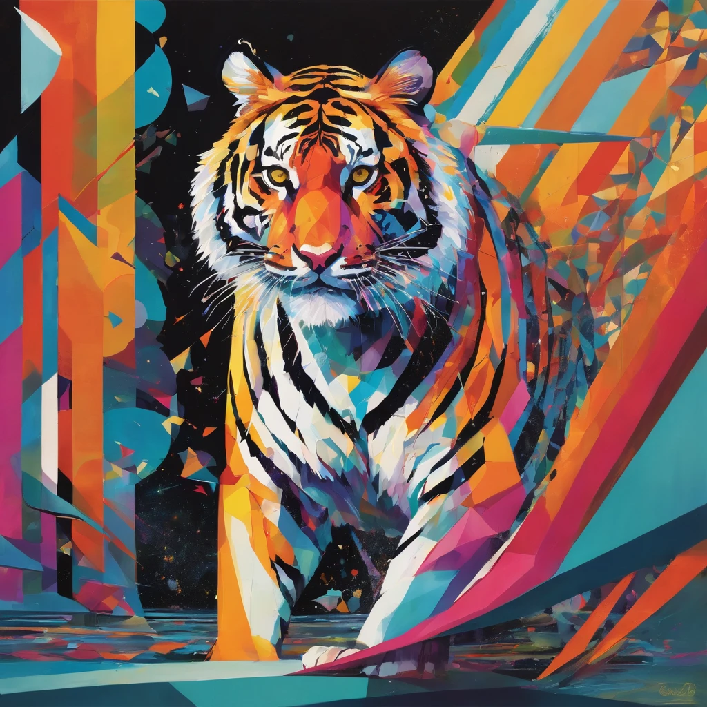 "Visualize an interpretation of a tiger. Break down the shape of the tiger into geometric shapes and fragmented planes, To capture its movement and energy in a unique and abstract way. Incorporate bold colors and sharp angles, to convey a feeling of movement and tension. Play with perspective and layering, to create a multidimensional composition, which questions traditional notions of space and form. Be inspired by the avant-garde spirit of surreal realism and see nature in a fresh and innovative light.. Unleash your creativity, as you bring this imaginative scene to life on the screen
