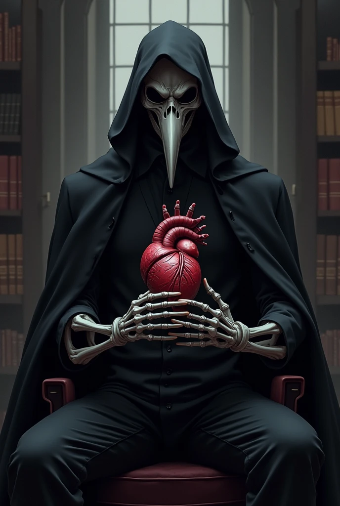 Create a vertical anime style image, highly detailed, from an imposing doctor. The doctor is dressed in an old-fashioned black outfit, similar to that of a plague doctor, with a long black cape and a beak-shaped mask. The doctor's body incorporates anatomical elements, but only on the hands or parts of the torso, like skeletal arms with visible muscles and nerves. The background is dark and ominous, resembling an intimidating consulting room or a library, without the presence of skeletal or muscular elements. The doctor is in an elegant pose, whether sitting or standing, holding a beautifully crafted book or a human heart, adding a creepy and authoritarian touch