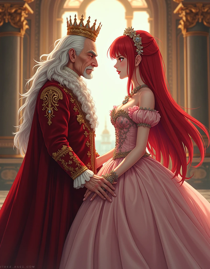 moe anime artstyle,Masterpiece,Best Quality,Super Detail,(Very Delicate and Beautiful),((((An old queen and a teenage princess with different hair colors)))),(confrontation),couple focus,luxurious, aristocrat, noble, arrogant,((absurdly long Straight hair,Red Eyes)),(((beautiful embroidery and jeweled gorgeous rococo ballgown with voluminous full length crinoline hoop skirt))),(((absurdly gigantic tits,curvy))),deep cleavage,Skindentation,((detailed face and eyes)),extremely gorgeous hair ornament,((extremely gorgeous big tiara)),luxurious jewelry,((beautiful embroidery and jeweled gorgeous rococo ballgown with voluminous full length crinoline hoop skirt)),(((absurdly gigantic tits))),gorgeous palace,((standing pose,Contrasting poses)),((((Arrogant smile)))),(An old queen and a teenage princess with different hair colors)),((confrontation))