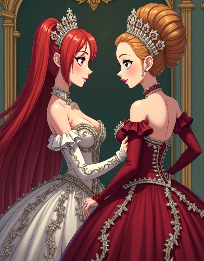 moe anime artstyle,Masterpiece,Best Quality,Super Detail,(Very Delicate and Beautiful),((((An old queen and a teenage princess with different hair colors)))),(confrontation),couple focus,luxurious, aristocrat, noble, arrogant,((absurdly long Straight hair,Red Eyes)),(((beautiful embroidery and jeweled gorgeous rococo ballgown with voluminous full length crinoline hoop skirt))),(((absurdly gigantic tits,curvy))),deep cleavage,Skindentation,((detailed face and eyes)),extremely gorgeous hair ornament,((extremely gorgeous big tiara)),luxurious jewelry,((beautiful embroidery and jeweled gorgeous rococo ballgown with voluminous full length crinoline hoop skirt)),(((absurdly gigantic tits))),gorgeous palace,((standing pose,Contrasting poses)),((((Arrogant smile)))),(An old queen and a teenage princess with different hair colors)),((confrontation))