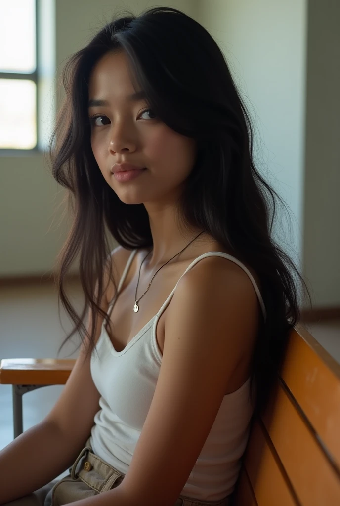 18 year old, girl, black hair, necklace thin and minimalist, looking sideways from camera, face Not visible by hair, in University bench, (View: Full screen, with girl and background, from head to toe sitting comfortable) Mexican
