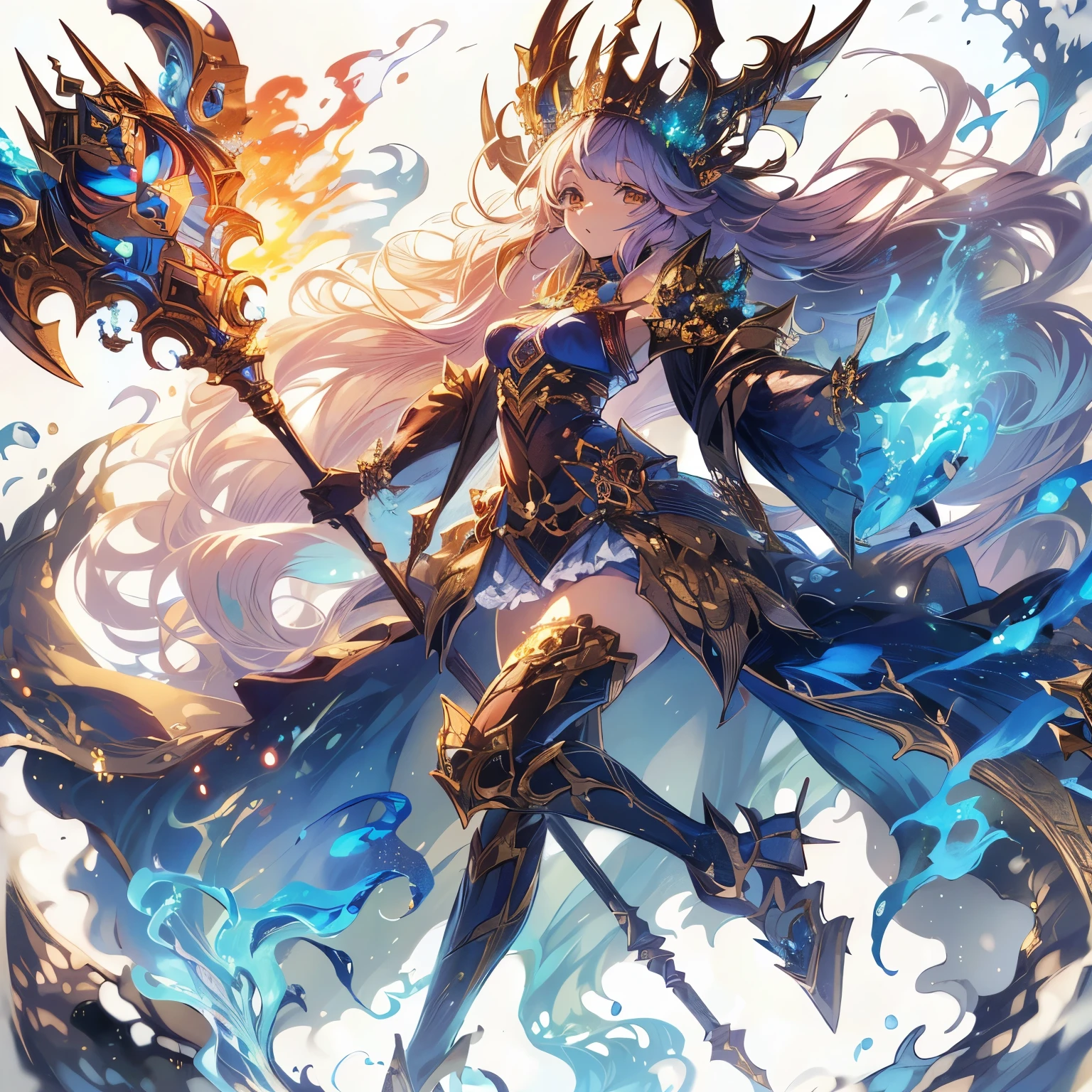 (work of art、highest quallity)、Ultrathin、anime styling、カオスデーモン女性のtodo o cGoldpo、cajado estilo wGoldld of warcraft、Sorcerer's Wand、blue flame burning in hand、blue and gold、Gold々manto azul bem Goldnamentado com detalhes dourados、High resolution 8K、trend art station、white background、todo o cGoldpo、